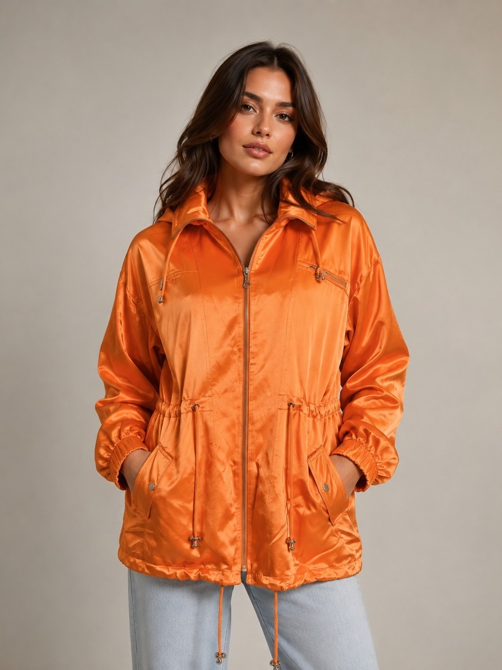 Women's Orange Satin Zip-Front Anorak Jacket